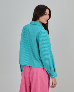 Denim Stripes Cropped Overshirt Green