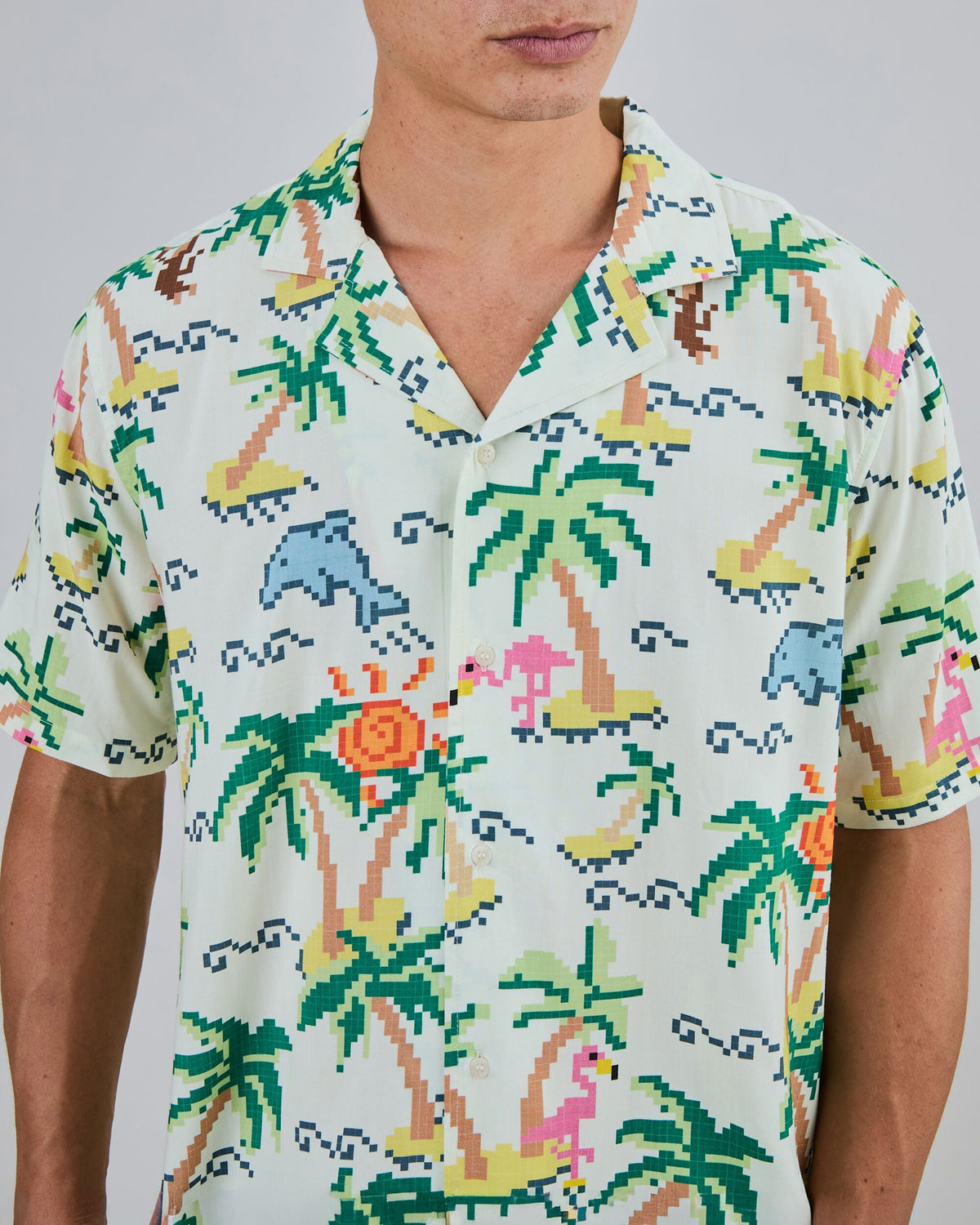 Tropical Pixel Aloha Shirt Ecru